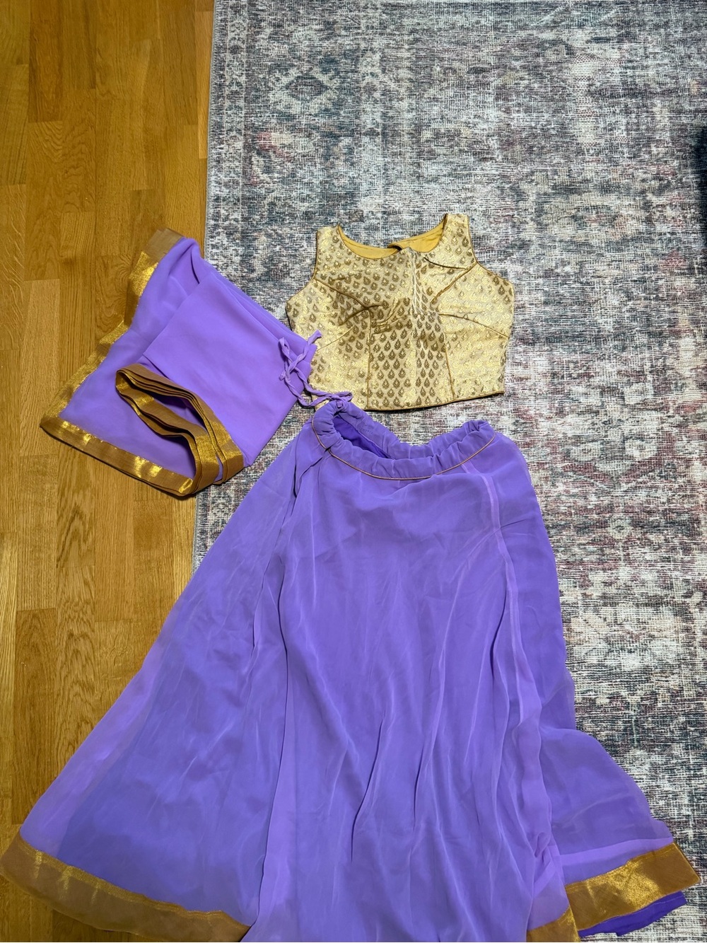 Purple and Gold A-Line Lehenga Set with Embroidered Gold Blouse